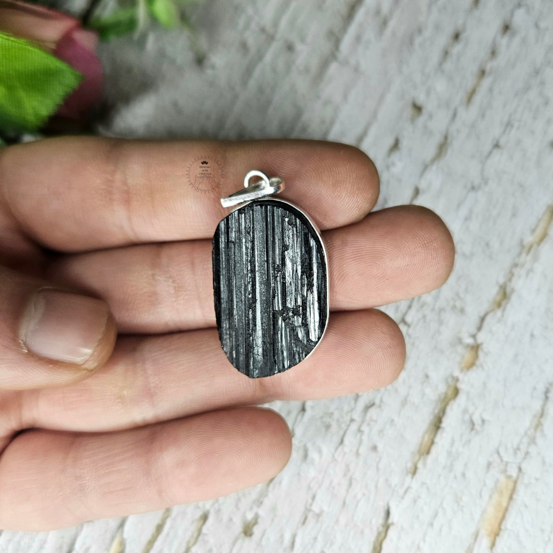 Black Tourmaline Raw Oval Pendant