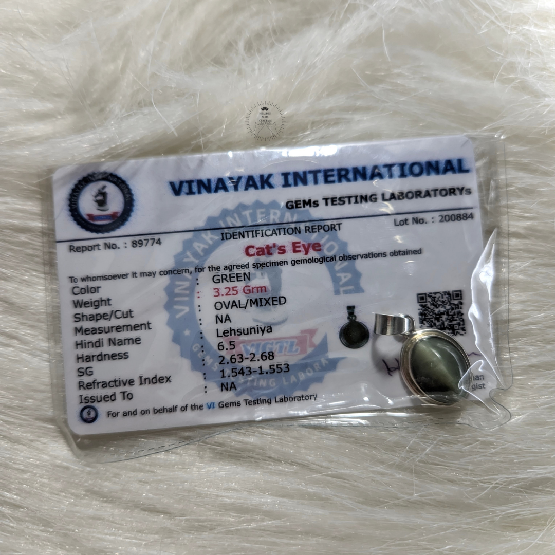 Cat's Eye/ Lehsunia Pendant in Pure SIlver with certificate