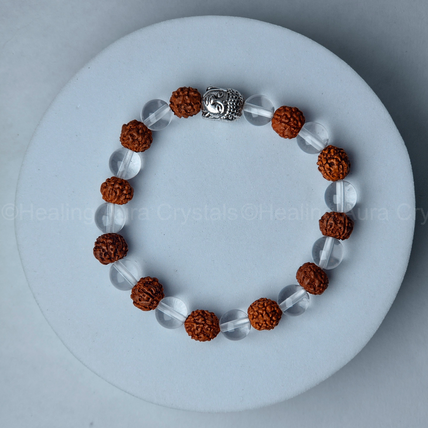 Rudraksha and Clear Quartz Bracelet with Buddha Charm (8mm)