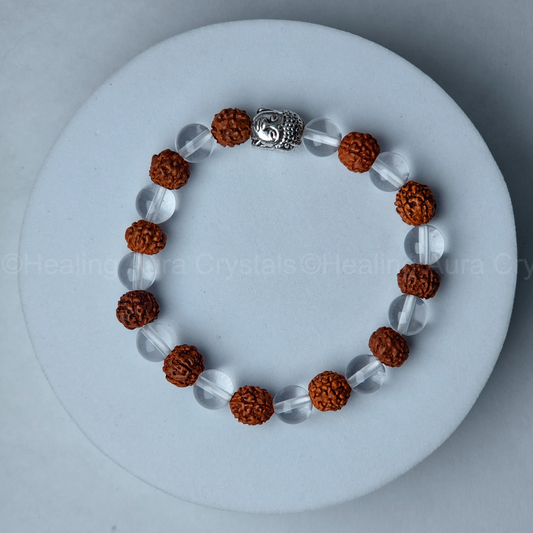 Rudraksha and Clear Quartz Bracelet with Buddha Charm (8mm)