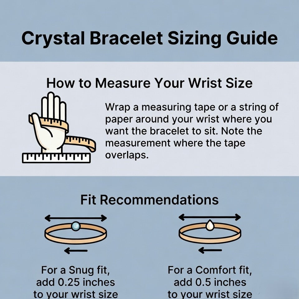 Crystal bracelet sizing guide with instructions on measuring wrist size and fit recommendations.