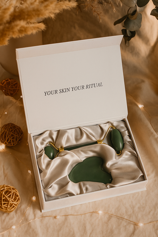 Green jade roller and gua sha tool in a white box with 'Your Skin Your Ritual' text on a decorative background.