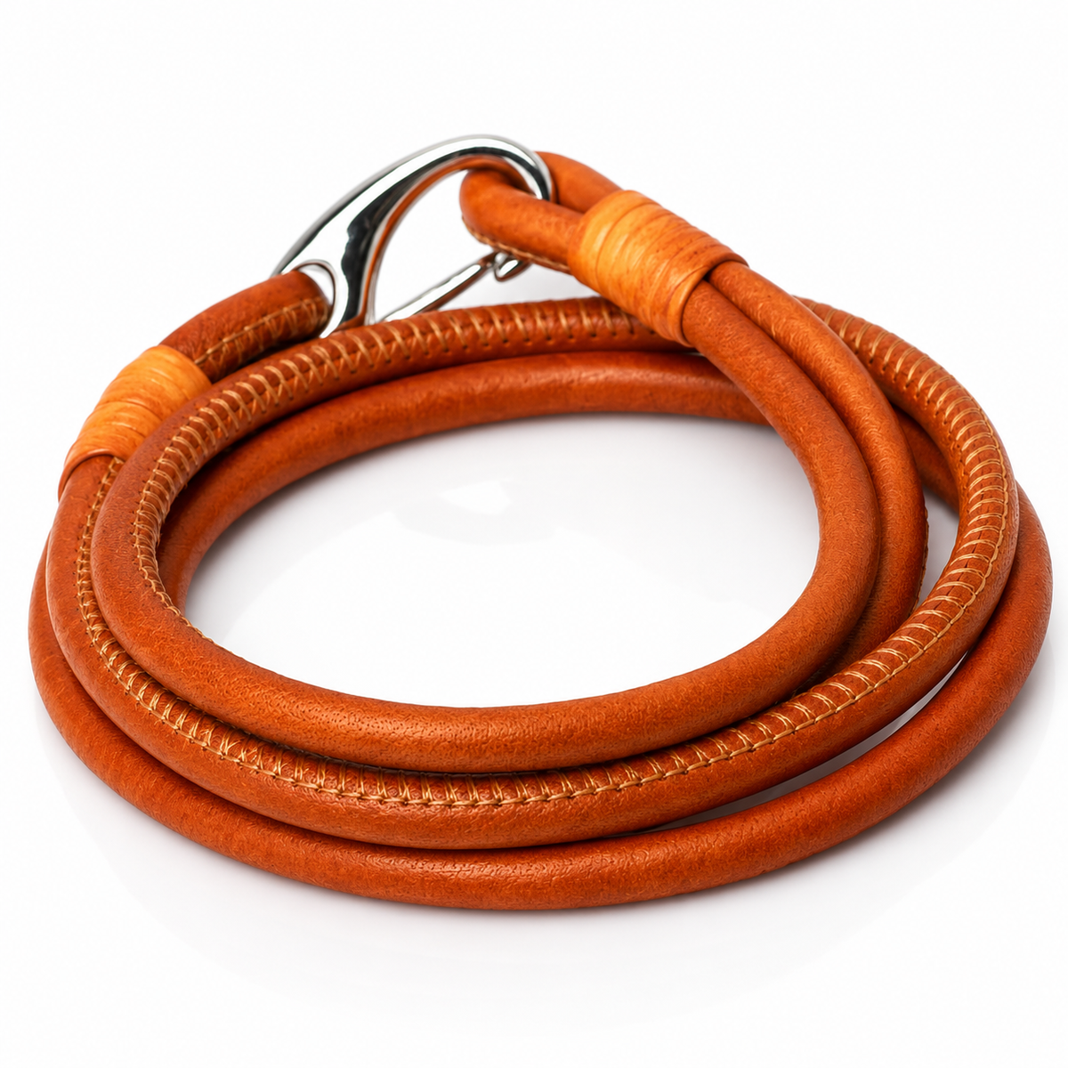 A coiled brown leather strap with stitched edges, orange-brown wrap accents, and a silver metal carabiner clip, shown on a white background.