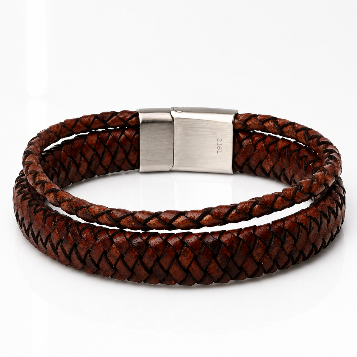 A multi-strand braided brown leather bracelet with a brushed silver metal clasp, displayed on a clean white background.