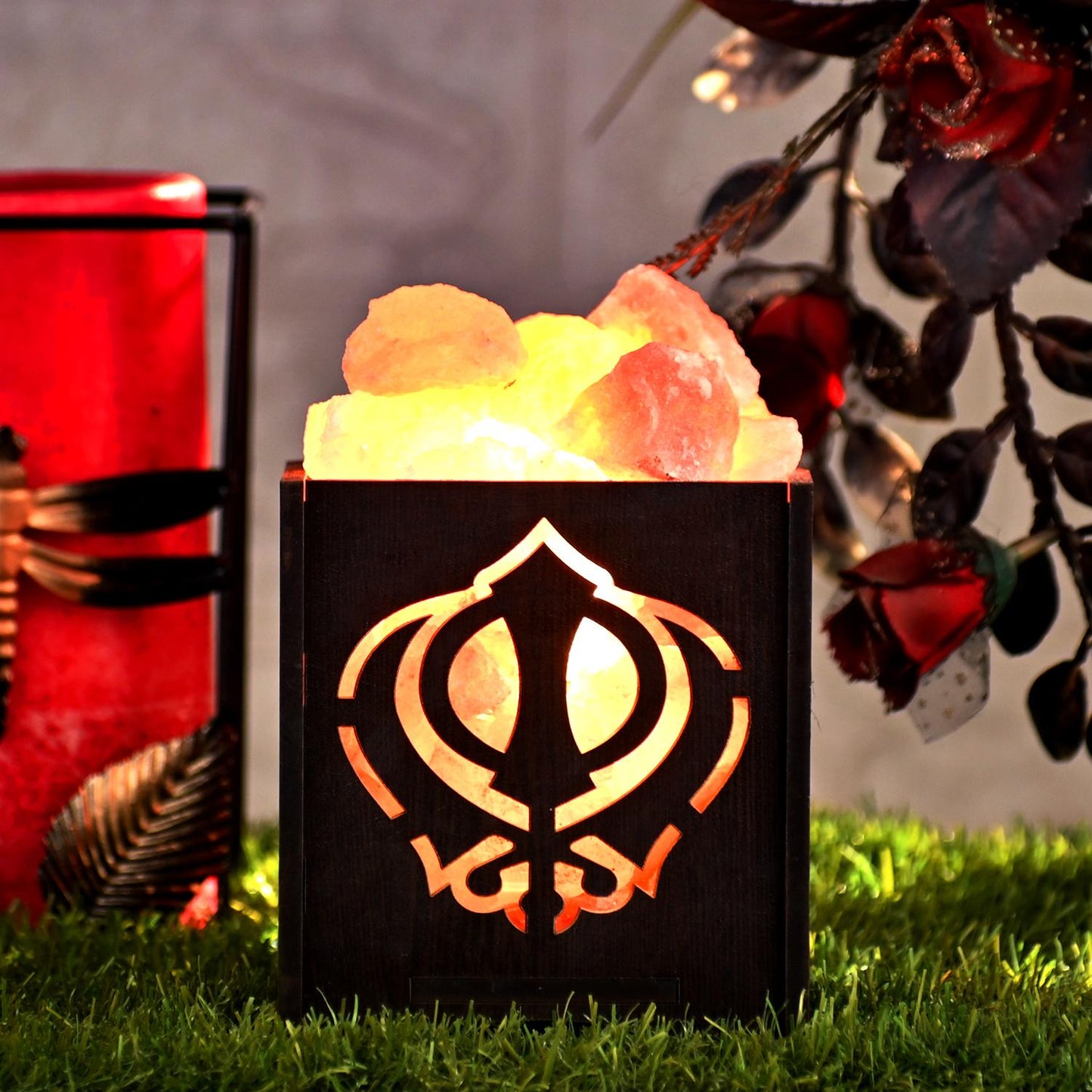 Ek Omkaar Himalayan Rock Salt Wooden Basket Lamp – Spiritual Salt Lamp (Design 1)