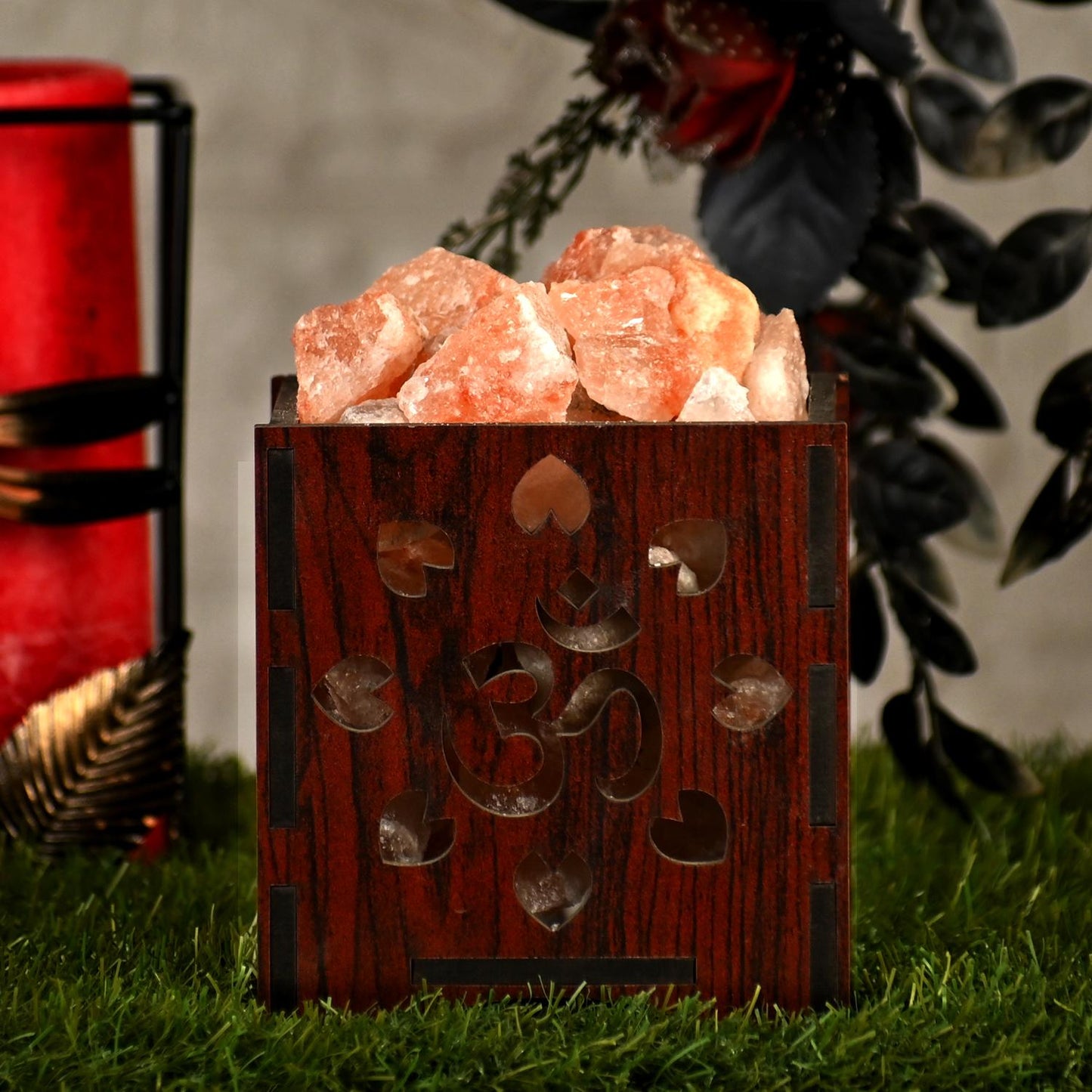 OM Himalayan Rock Salt Wooden Basket Lamp – Spiritual OM Salt Lamp (Design 1)