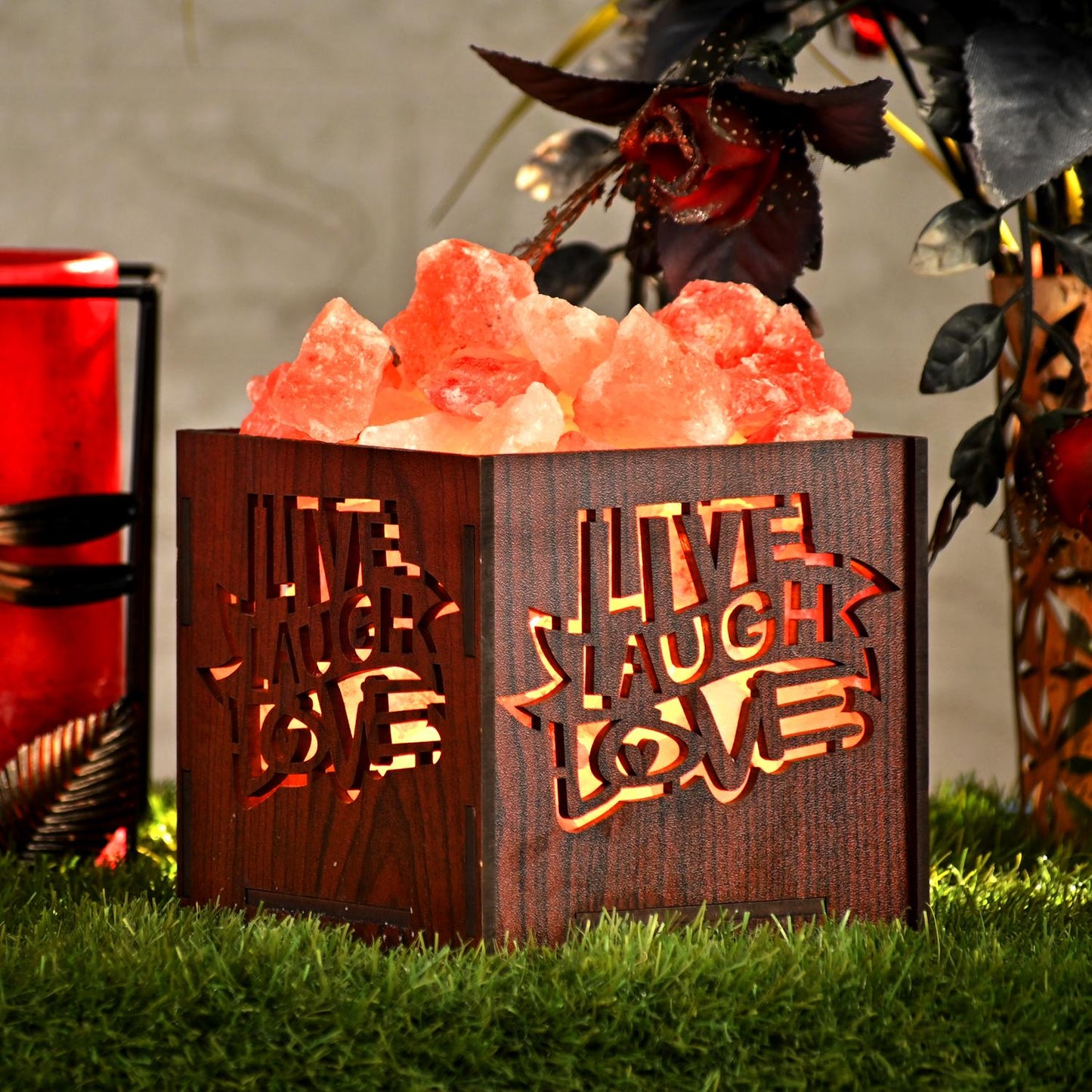 Live Laugh Love Himalayan Rock Salt Wooden Basket Lamp – Motivational Salt Lamp