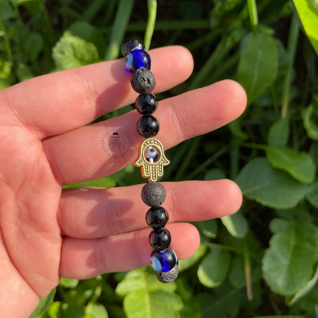 Evil Eye Bracelet with Hamsa Charm (8mm)