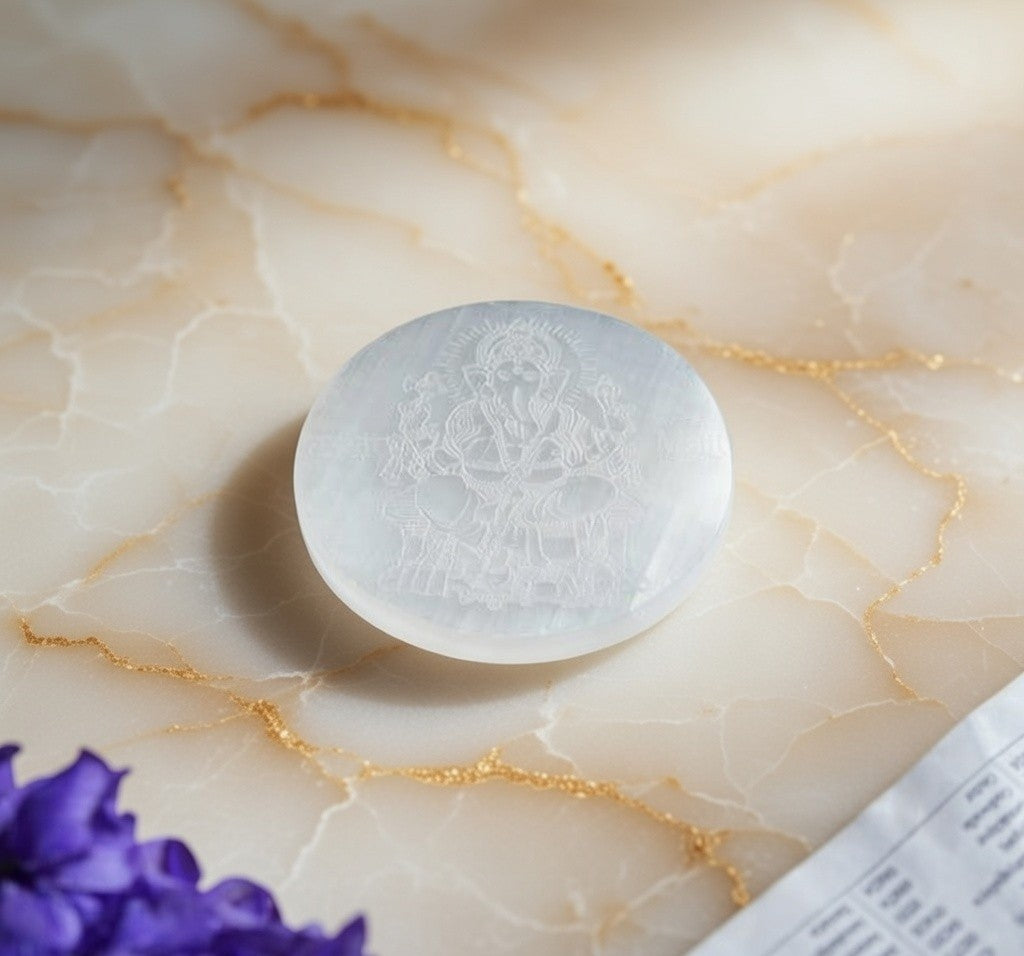 Selenite Charging Plate with carving (3 inch)