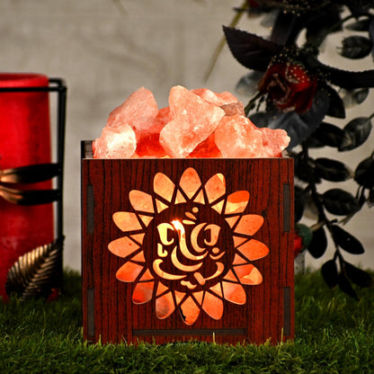 Ganesha Ji Himalayan Rock Salt Wooden Basket Lamp – Spiritual Basket Salt Lamp (Design 2)