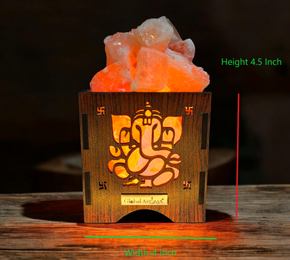 Ganesha Ji Blessing Himalayan Rock Salt Wooden Basket Lamp – Blessings Salt Lamp (Design 1)