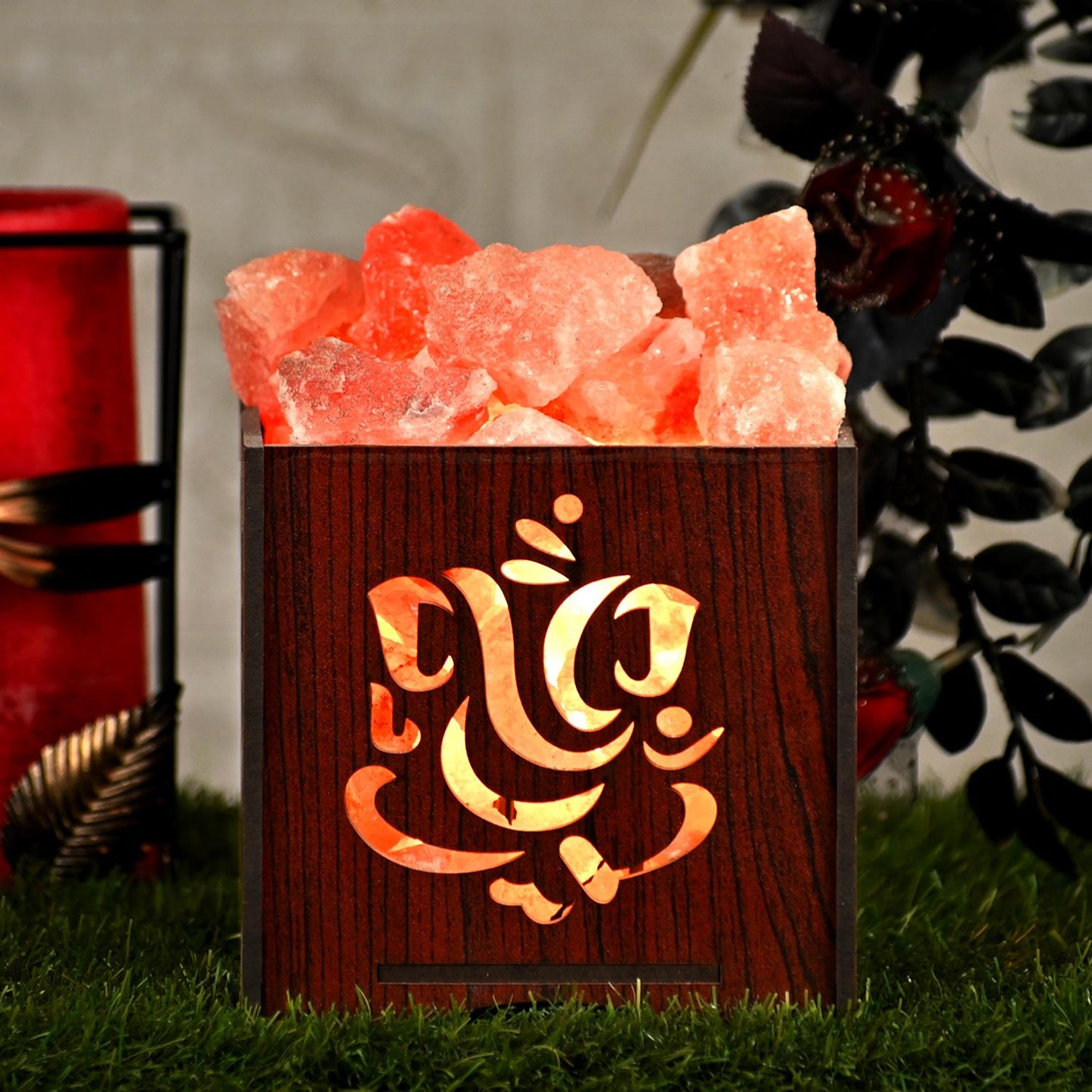 Ganesha Ji Himalayan Rock Salt Wooden Basket Lamp – Spiritual Basket Salt Lamp (Design 2)