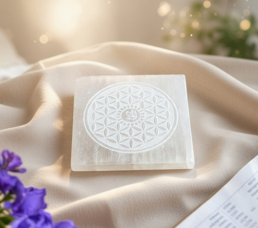 Selenite Charging Plate with carving (3 inch)