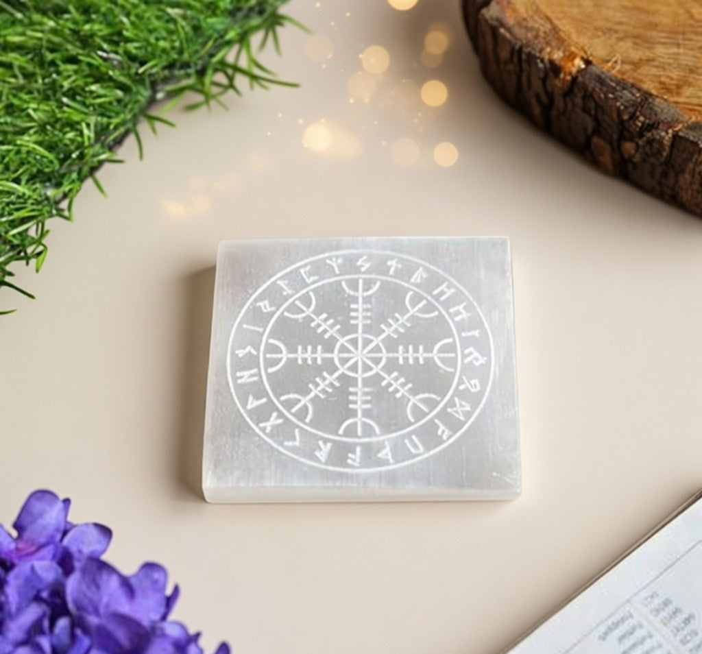 Selenite Charging Plate with carving (3 inch)