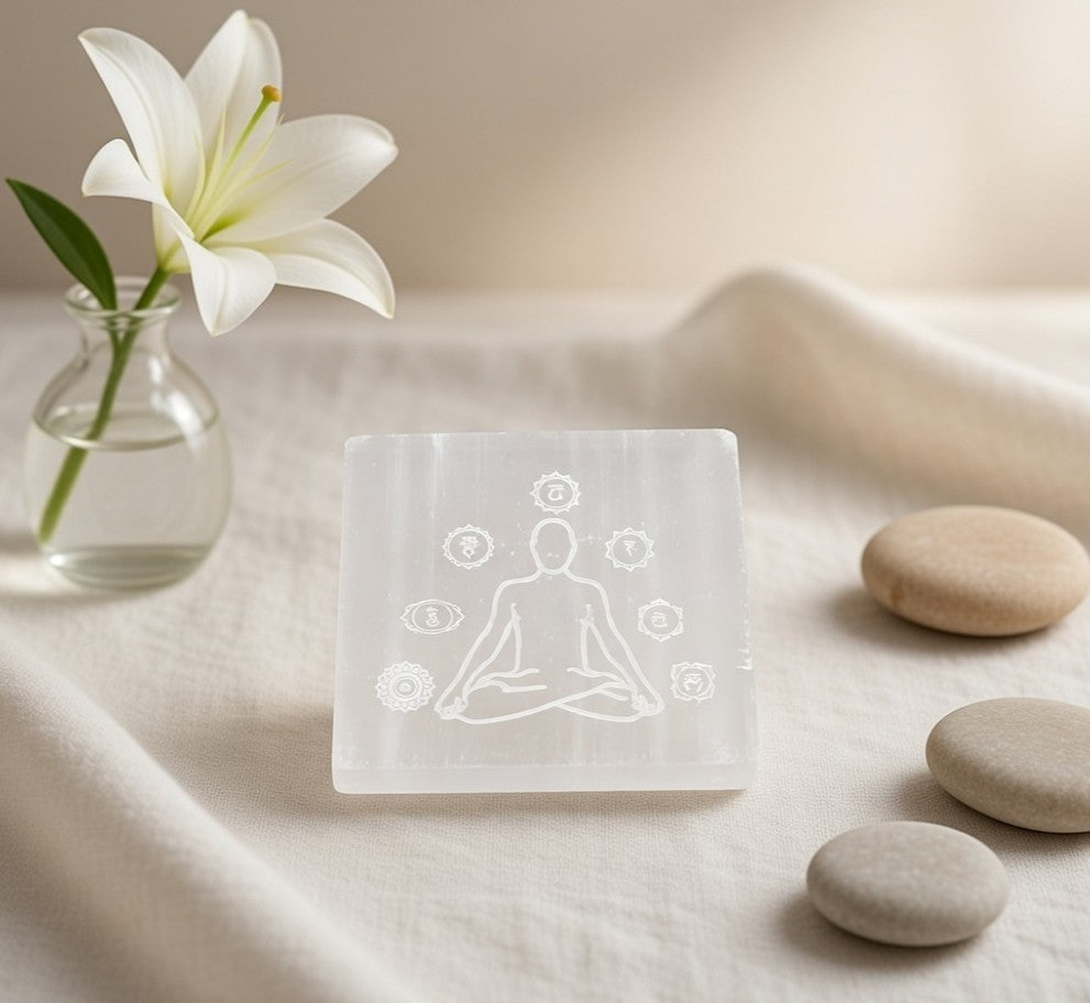 Selenite Charging Plate with carving (3 inch)