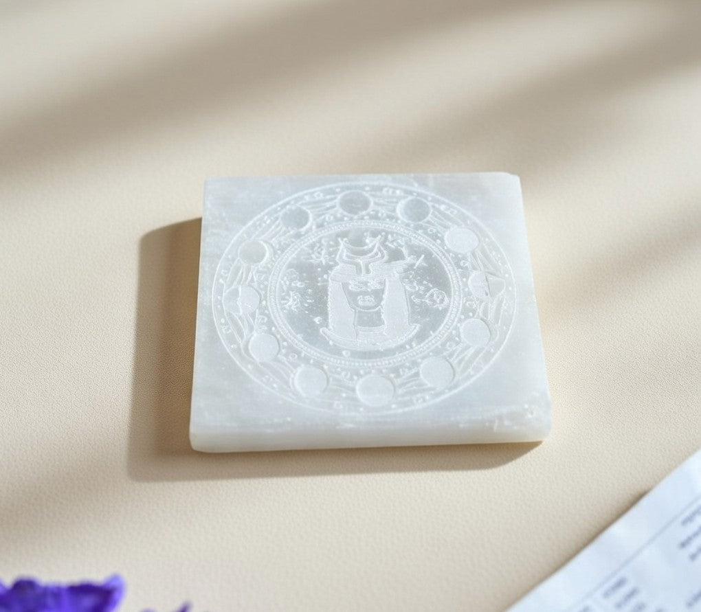 Selenite Charging Plate with carving (3 inch)
