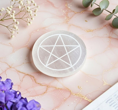 Selenite Charging Plate with carving (3 inch)