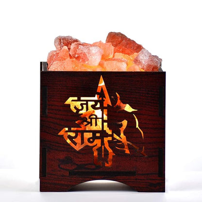 Jai Shri Ram Himalayan Rock Salt Wooden Basket Lamp – Devotional Salt Light