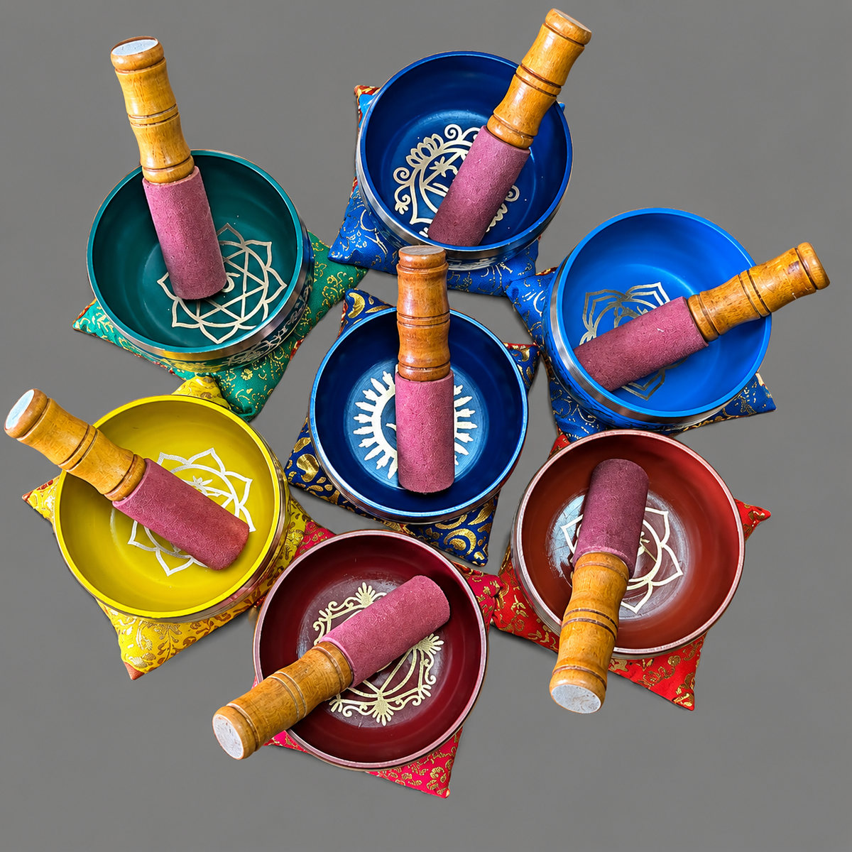 7 Chakra Singing Bowl Set – 4 Inch | 7 Bowls with Sticks & Cushions