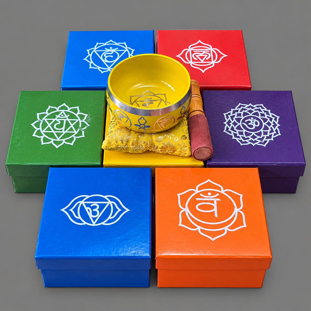 7 Chakra Singing Bowl Set – 4 Inch | 7 Bowls with Sticks & Cushions