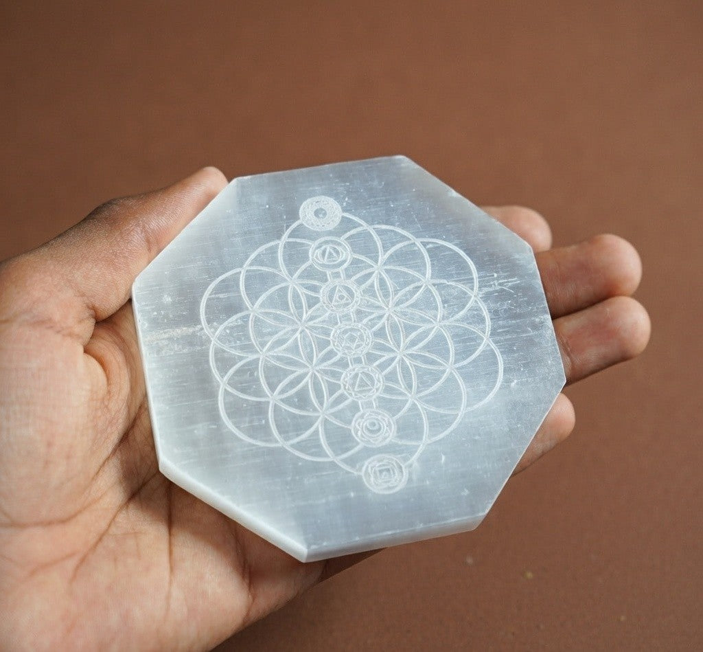 Selenite Charging Plate with carving (3 inch)
