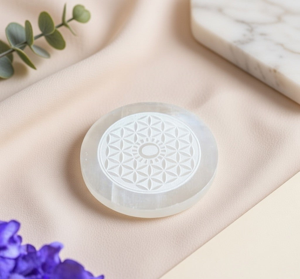 Selenite Charging Plate with carving (3 inch)