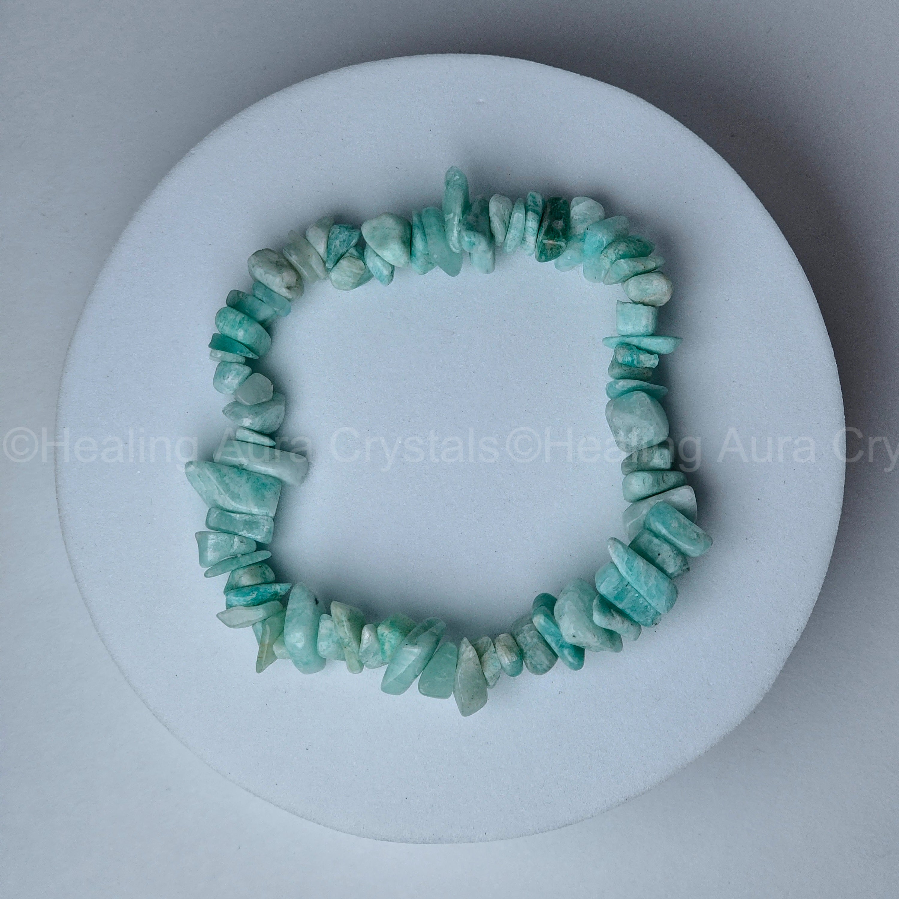 Charged Amazonite Crystal Chip Stretchy Bracelet + Selenite Puffy Heart – Reiki Healing Crystal, Made In Peru