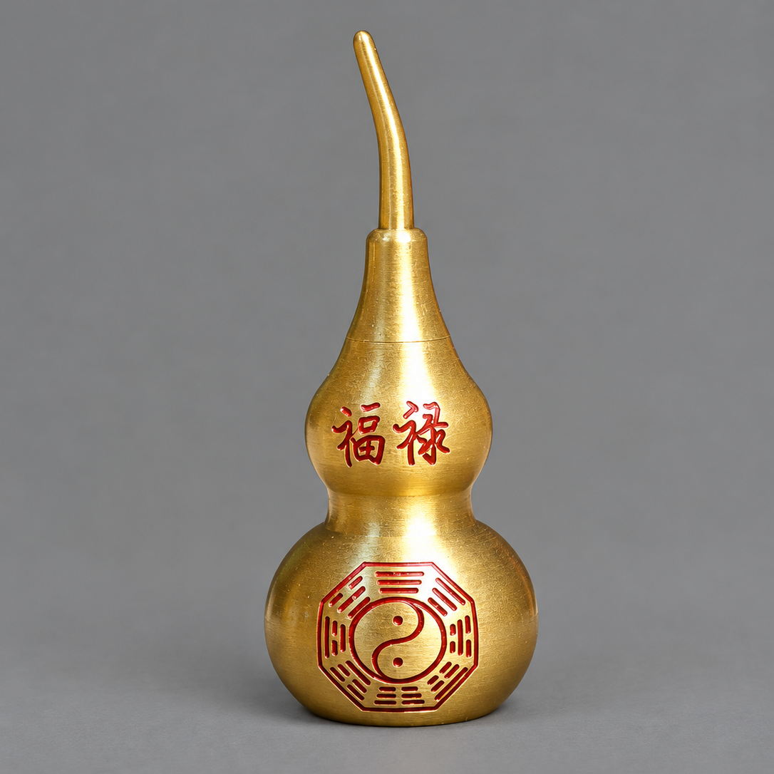 A small metallic gold gourd-shaped decorative object with red Chinese characters and a red trigram symbol, photographed against a plain gray studio background.