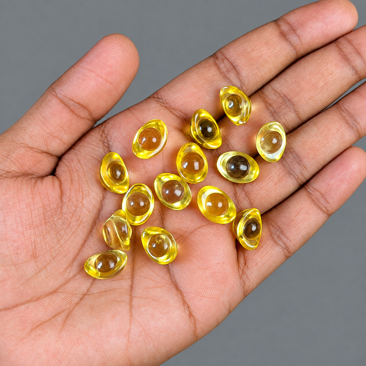 Ten small, oval-shaped translucent yellow capsules or beads resting on an open human hand against a plain gray background.