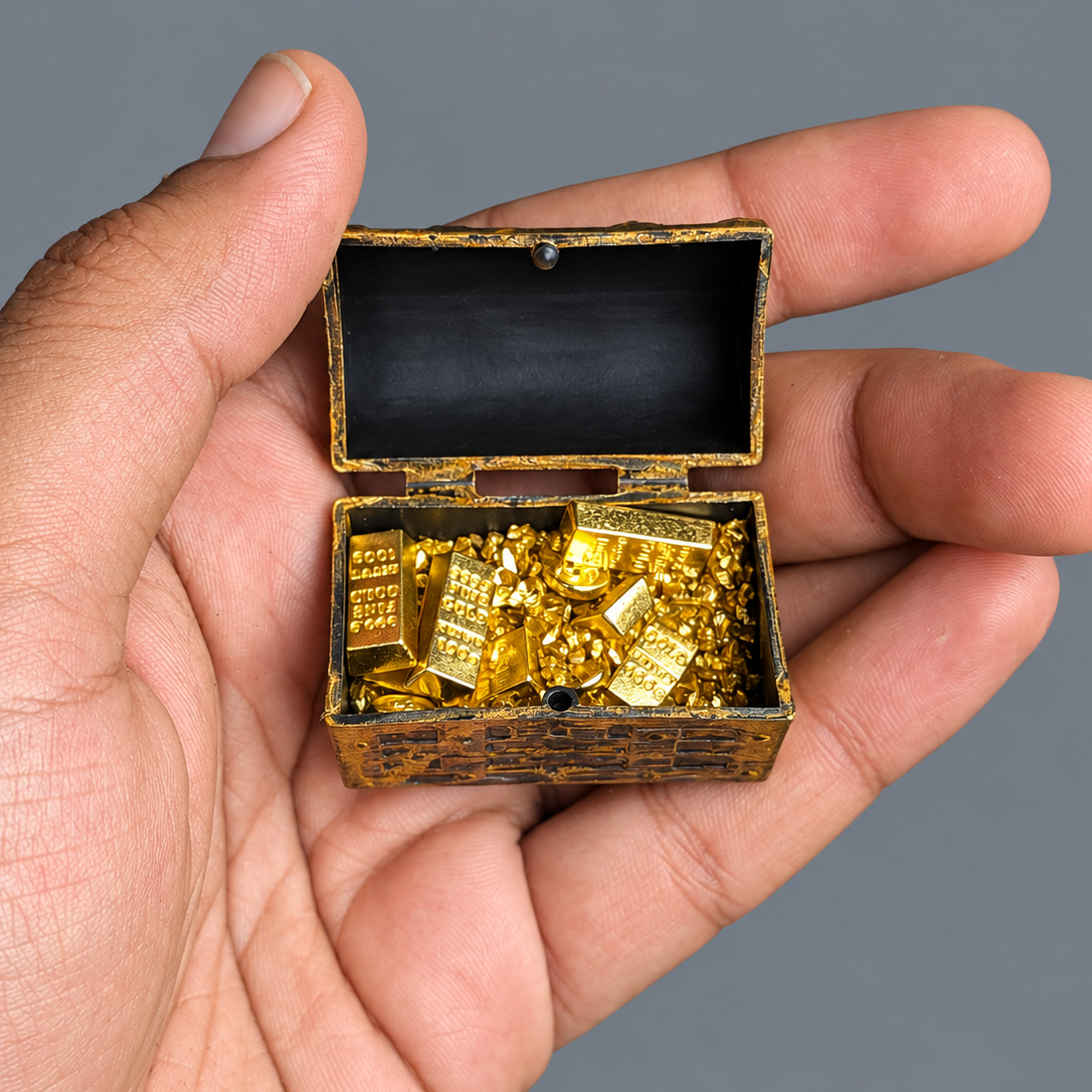 A hand holding an open miniature gold treasure chest filled with small gold bars and gold coins, set against a solid gray background.