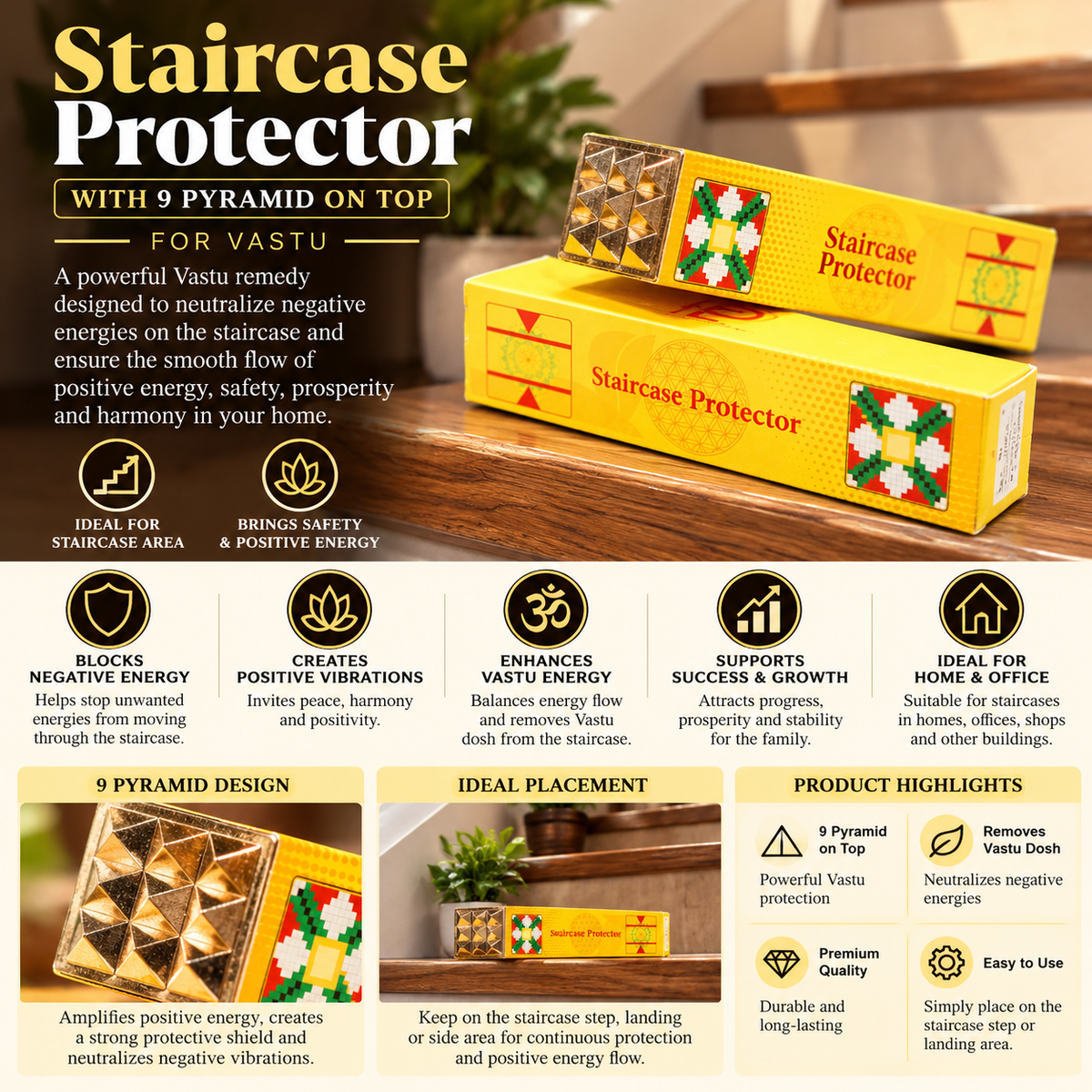 Vastu Staircase Protector with 9 Pyramids (4 Inch)