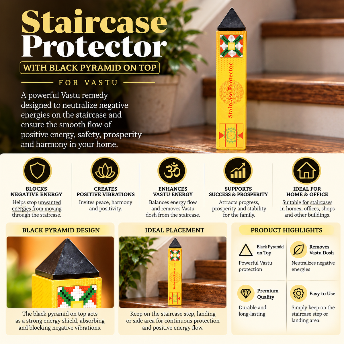 Vastu Staircase Protector with Black Pyramid (4 Inch)