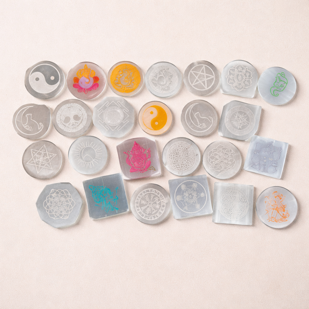 Selenite Charging Plate with carving (3 inch)