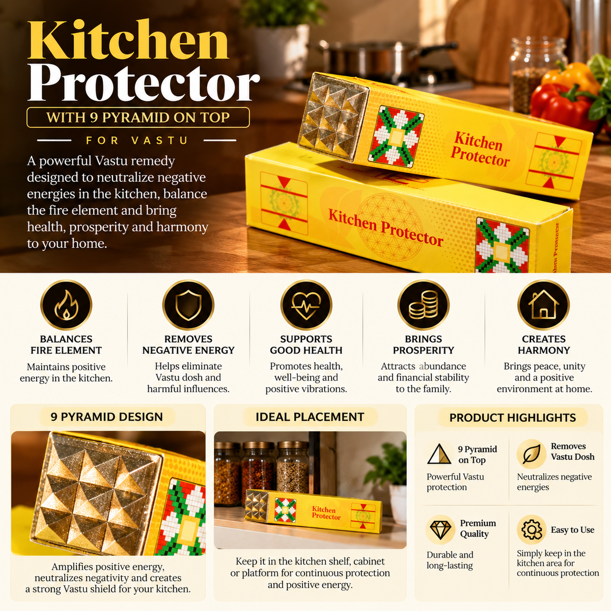 Vastu Kitchen Protector with 9 Pyramids (4 Inch)