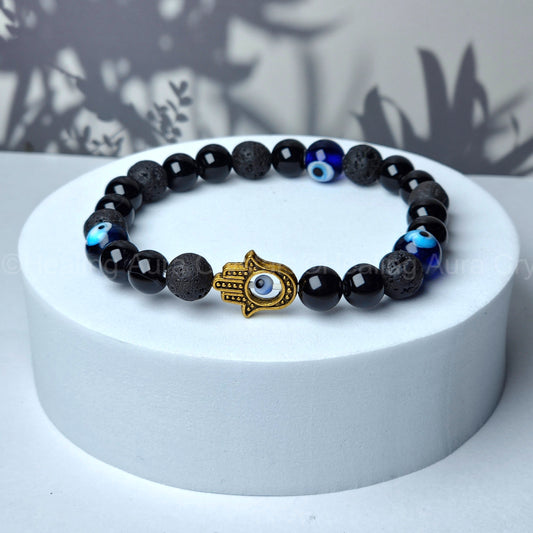 Evil Eye Bracelet with Hamsa Charm (8mm)