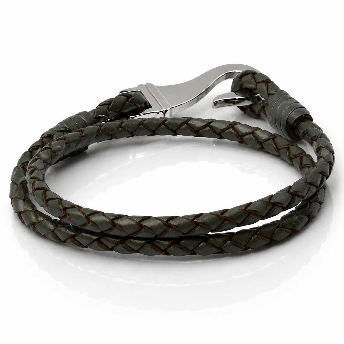 A dark brown braided leather wrap bracelet with a polished silver-tone metal lobster clasp, displayed on a clean white background.