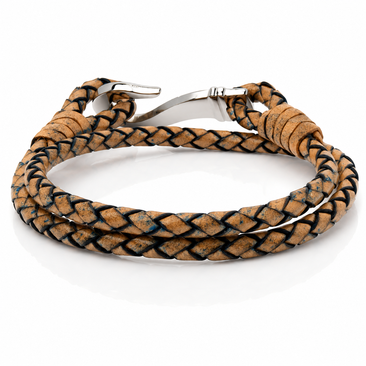 A braided leather bracelet with a silver-toned metal clasp, featuring a mix of tan and black woven strands, shown on a white background.
