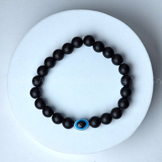 Matte Black Onyx Bracelet with Evil Eye (8mm)