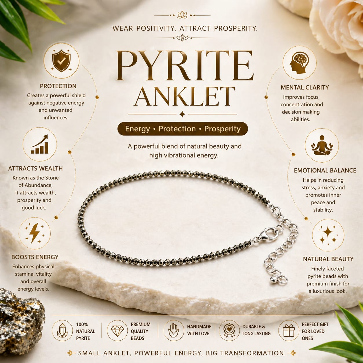 Pyrite anklet with energy benefits on a natural stone background