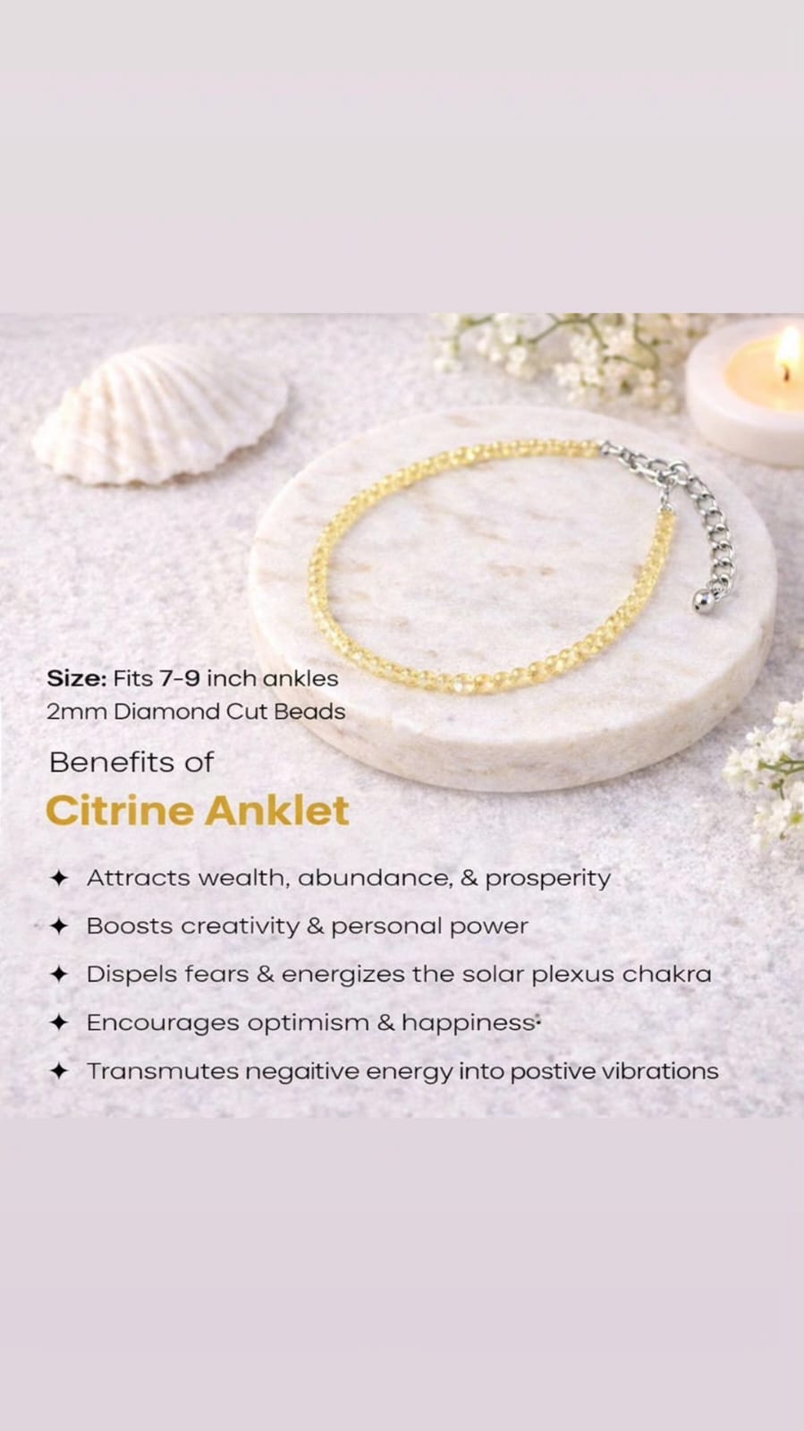 Gold anklet on a white stone with shell and candle background, featuring product details and benefits.