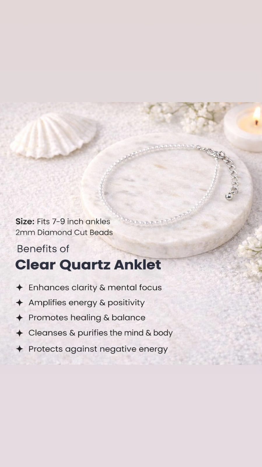 Clear Quartz Anklet with benefits listed on a white background
