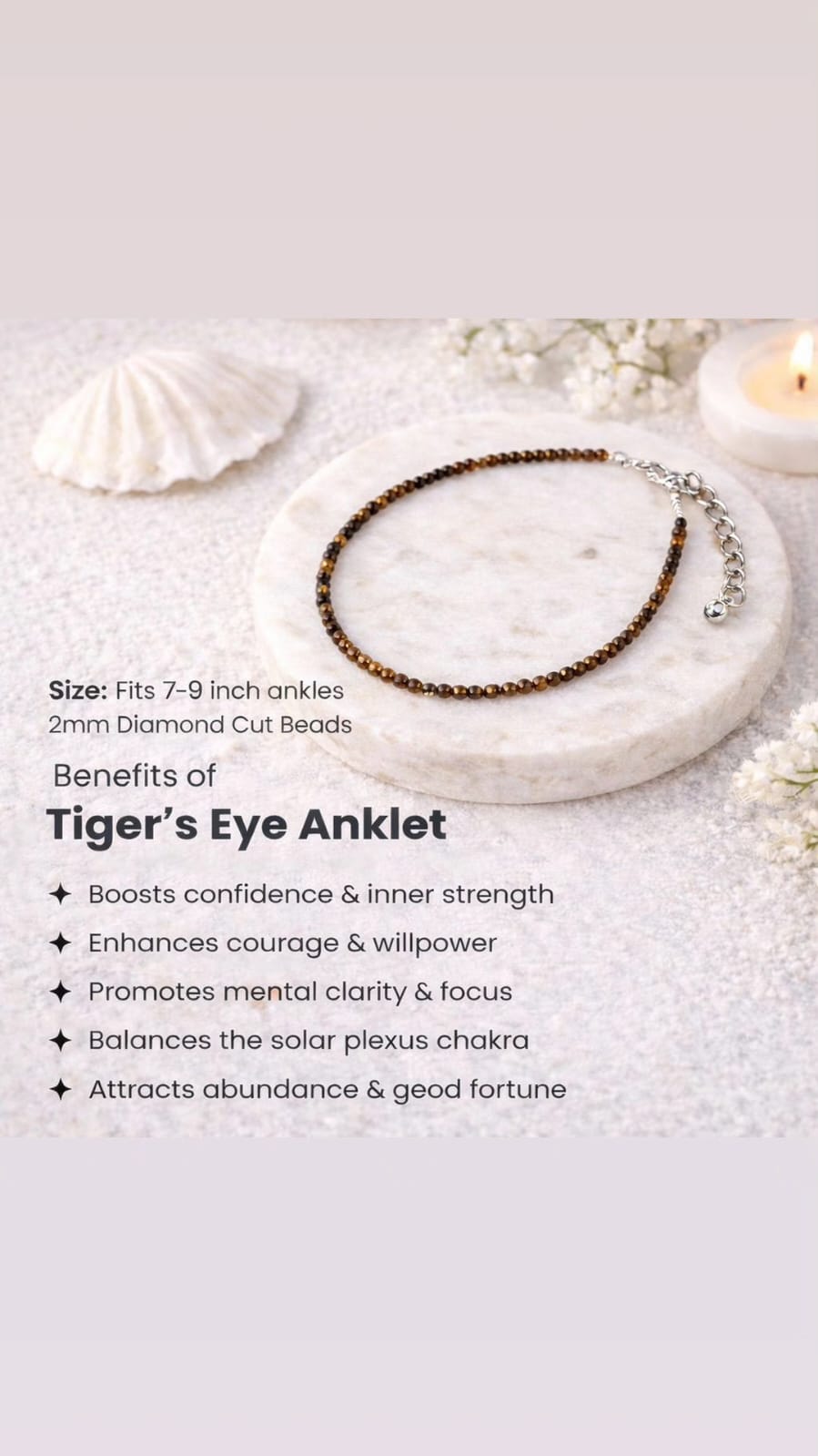 Tiger's Eye anklet on a white surface with text about its benefits.