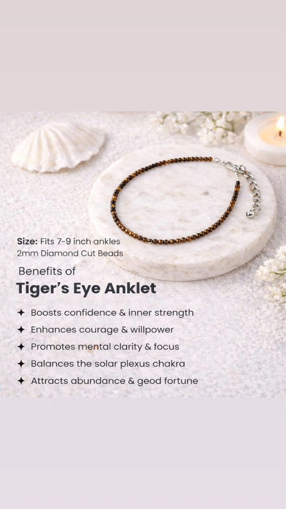 Tiger's Eye anklet on a white surface with text about its benefits.