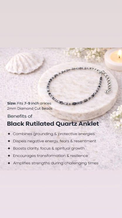 Black Rutilated Quartz Anklet on a white surface with shell and flower decorations, and text detailing benefits.