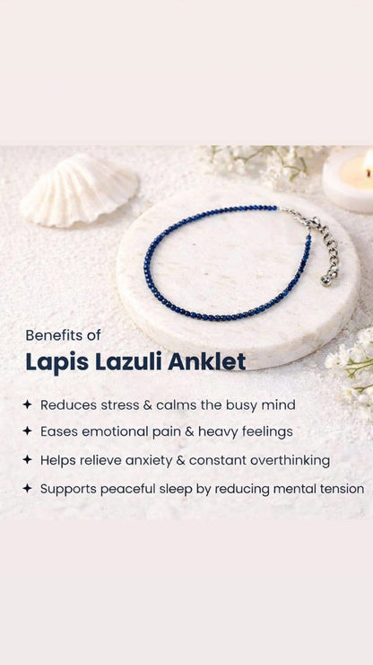 Lapis Lazuli anklet on a white surface with shell and flower decorations, and text listing benefits.