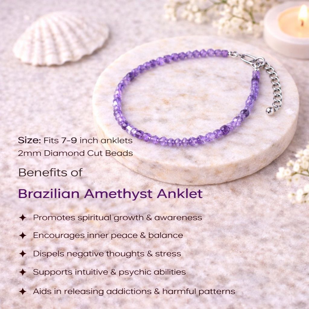 Purple beaded anklet on a stone surface with text about benefits and features.