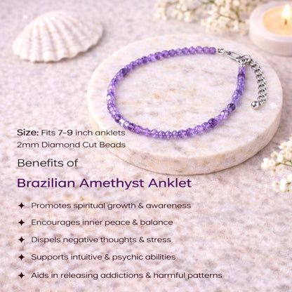 Purple beaded anklet on a stone surface with text about benefits and features.