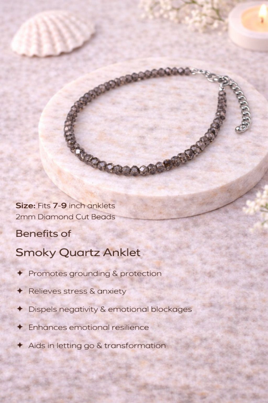 Smoky Quartz anklet on a stone surface with product details and benefits listed.