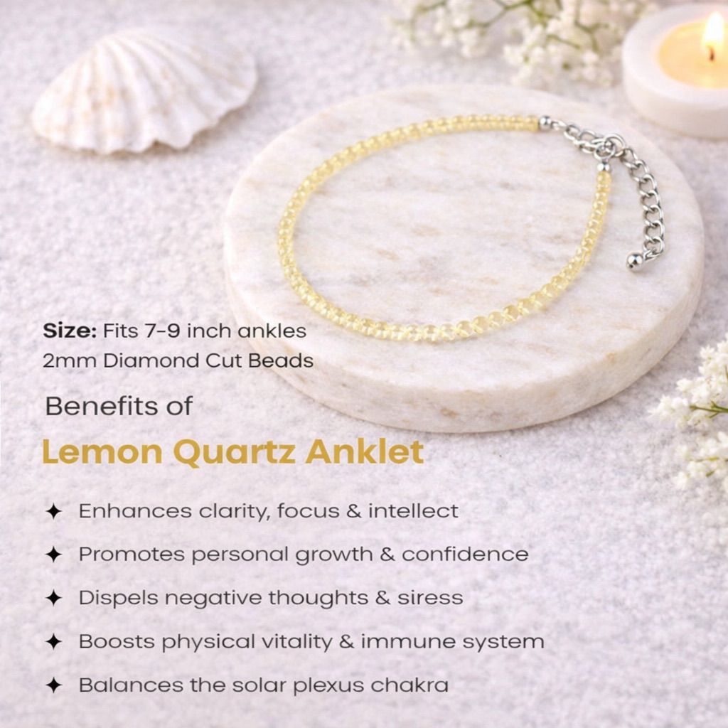 Lemon Quartz Anklet on a marble surface with shell and flower decorations