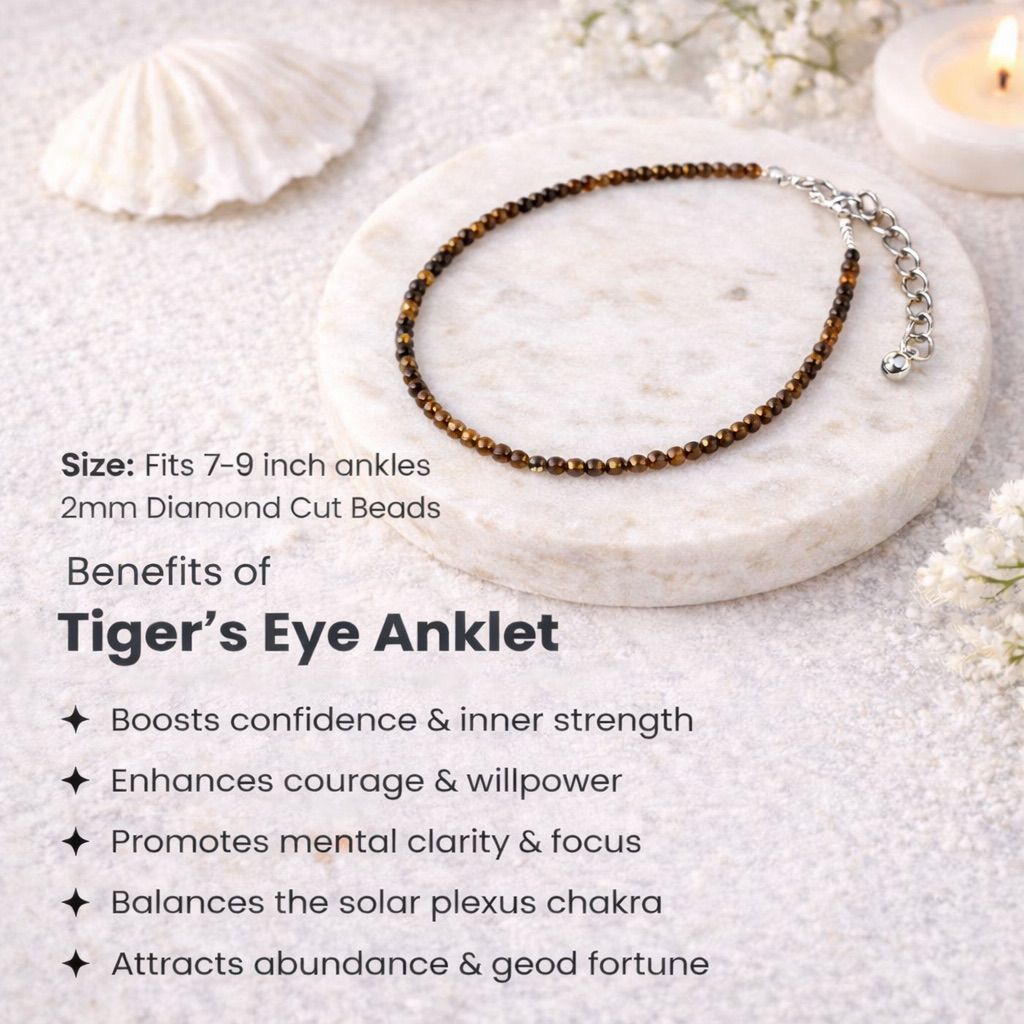 Tiger's Eye anklet on a marble surface with text about benefits and size information.
